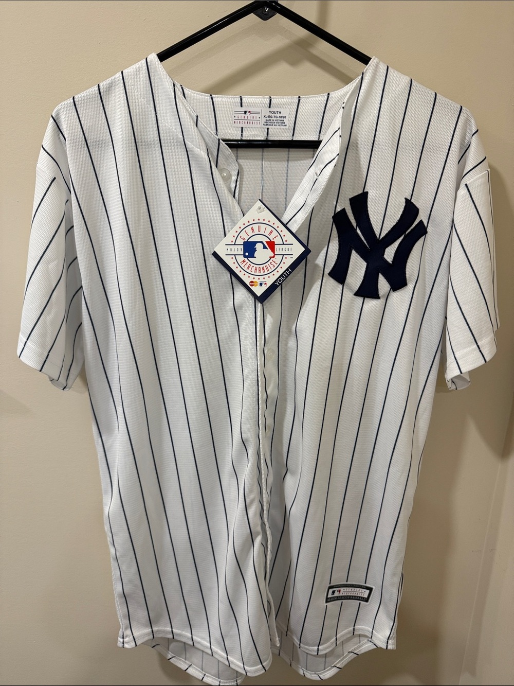 MLB New York Yankees White Navy Pinstripe Button-Down Youth Jersey